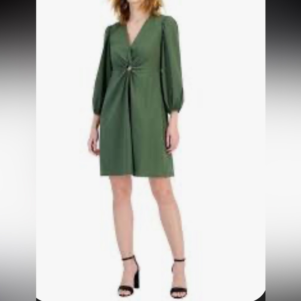 INC International Concepts Olive Green Long Puff Sleeve V Neck Mini Dress sz XS